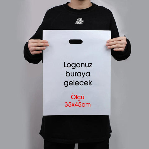 35x45cm Takviyeli Beyaz Baskılı Mağaza Poşeti