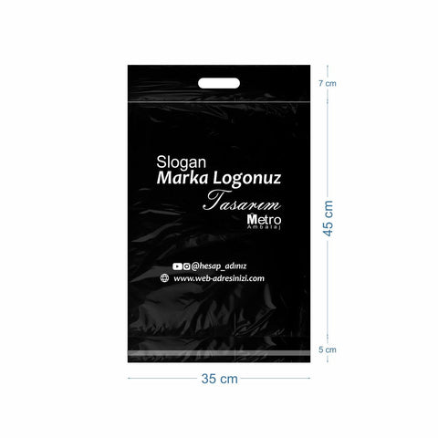 35x45+5+7cm Baskılı Mat Siyah El Geçmeli Cepsiz Kargo Poşeti