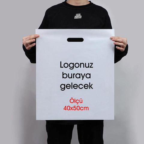 40x50cm Takviyeli Beyaz Baskılı Mağaza Poşeti
