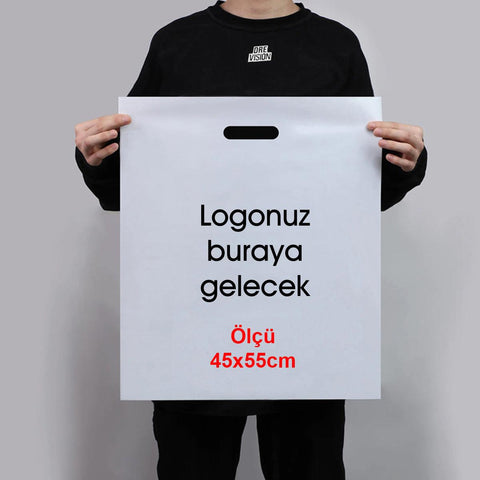 45x55cm Takviyeli Beyaz Baskılı Mağaza Poşeti
