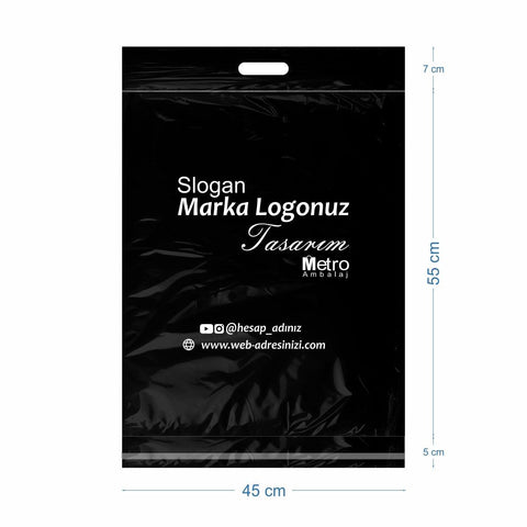 45x55+5+7cm Baskılı Mat Siyah El Geçmeli Cepsiz Kargo Poşeti