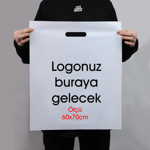 60x70cm Takviyeli Beyaz Baskılı Mağaza Poşeti